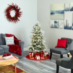 5’ Slim Flocked Nova Scotia Spruce Artificial Christmas Tree With 150 Warm White LED Lights And 433 Bendable Branches -Cheap Artificial Trees Store artificial 5 slim flocked nova scotia spruce artificial christmas tree with 150 warm white led lights and 433 bendable branches nearly natural 150135