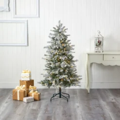 5’ Slim Flocked Nova Scotia Spruce Artificial Christmas Tree With 150 Warm White LED Lights And 433 Bendable Branches -Cheap Artificial Trees Store artificial 5 slim flocked nova scotia spruce artificial christmas tree with 150 warm white led lights and 433 bendable branches nearly natural 415226