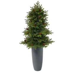 5’ Yukon Mountain Fir Artificial Christmas Tree With 100 Clear Lights, Pine Cones And 386 Bendable Branches In Gray Planter -Cheap Artificial Trees Store artificial 5 yukon mountain fir artificial christmas tree with 100 clear lights pine cones and 386 bendable branches in gray planter nearly natural 380765