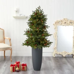 5’ Yukon Mountain Fir Artificial Christmas Tree With 100 Clear Lights, Pine Cones And 386 Bendable Branches In Gray Planter -Cheap Artificial Trees Store artificial 5 yukon mountain fir artificial christmas tree with 100 clear lights pine cones and 386 bendable branches in gray planter nearly natural 501663