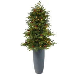 5’ Yukon Mountain Fir Artificial Christmas Tree With 100 Clear Lights, Pine Cones And 386 Bendable Branches In Gray Planter