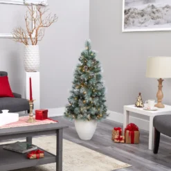 50” Frosted Tip British Columbia Mountain Pine Artificial Christmas Tree With 100 Clear Lights, Pine Cones And 228 Bendable Branches In White Planter -Cheap Artificial Trees Store artificial 50 frosted tip british columbia mountain pine artificial christmas tree with 100 clear lights pine cones and 228 bendable branches in white planter nearly natu 449484