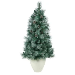 50” Frosted Tip British Columbia Mountain Pine Artificial Christmas Tree With 100 Clear Lights, Pine Cones And 228 Bendable Branches In White Planter -Cheap Artificial Trees Store artificial 50 frosted tip british columbia mountain pine artificial christmas tree with 100 clear lights pine cones and 228 bendable branches in white planter nearly natu 848674