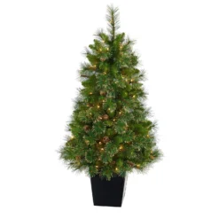 50” Golden Tip Washington Pine Artificial Christmas Tree With 100 Clear Lights, Pine Cones And 336 Bendable Branches In Black Metal Planter