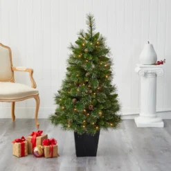 50” Golden Tip Washington Pine Artificial Christmas Tree With 100 Clear Lights, Pine Cones And 336 Bendable Branches In Black Metal Planter -Cheap Artificial Trees Store artificial 50 golden tip washington pine artificial christmas tree with 100 clear lights pine cones and 336 bendable branches in black metal planter nearly natural 744590