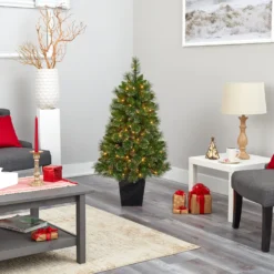 50” Golden Tip Washington Pine Artificial Christmas Tree With 100 Clear Lights, Pine Cones And 336 Bendable Branches In Black Metal Planter -Cheap Artificial Trees Store artificial 50 golden tip washington pine artificial christmas tree with 100 clear lights pine cones and 336 bendable branches in black metal planter nearly natural 841630