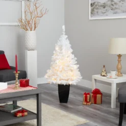 50” White Artificial Christmas Tree With 100 Clear LED Lights In Black Metal Planter -Cheap Artificial Trees Store artificial 50 white artificial christmas tree with 100 clear led lights in black metal planter nearly natural 349530