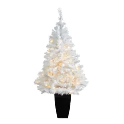 50” White Artificial Christmas Tree With 100 Clear LED Lights In Black Metal Planter