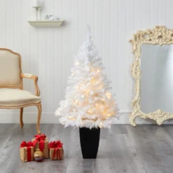 50” White Artificial Christmas Tree With 100 Clear LED Lights In Black Metal Planter -Cheap Artificial Trees Store artificial 50 white artificial christmas tree with 100 clear led lights in black metal planter nearly natural 946921