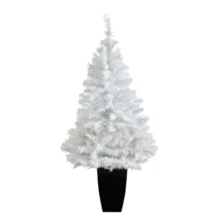 50” White Artificial Christmas Tree With 100 Clear LED Lights In Black Metal Planter -Cheap Artificial Trees Store artificial 50 white artificial christmas tree with 100 clear led lights in black metal planter nearly natural 968731