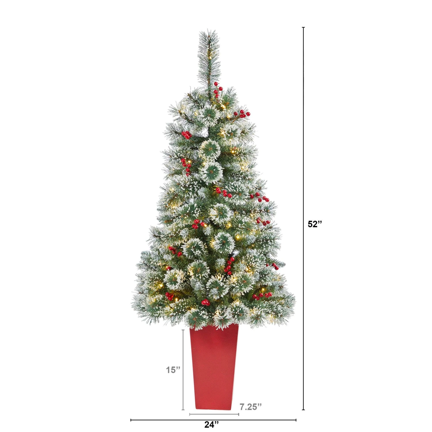 52” Frosted Swiss Pine Artificial Christmas Tree With 100 Clear LED Lights And Berries In Red Tower Planter 2 52” Frosted Swiss Pine Artificial Christmas Tree With 100 Clear LED Lights And Berries In Red Tower Planter - Image 2