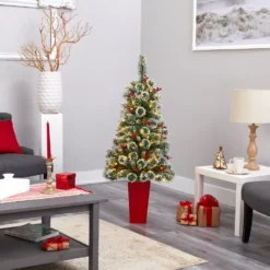 52” Frosted Swiss Pine Artificial Christmas Tree With 100 Clear LED Lights And Berries In Red Tower Planter 15 52” Frosted Swiss Pine Artificial Christmas Tree With 100 Clear LED Lights And Berries In Red Tower Planter -Cheap Artificial Trees Store artificial 52 frosted swiss pine artificial christmas tree with 100 clear led lights and berries in red tower planter nearly natural 510744