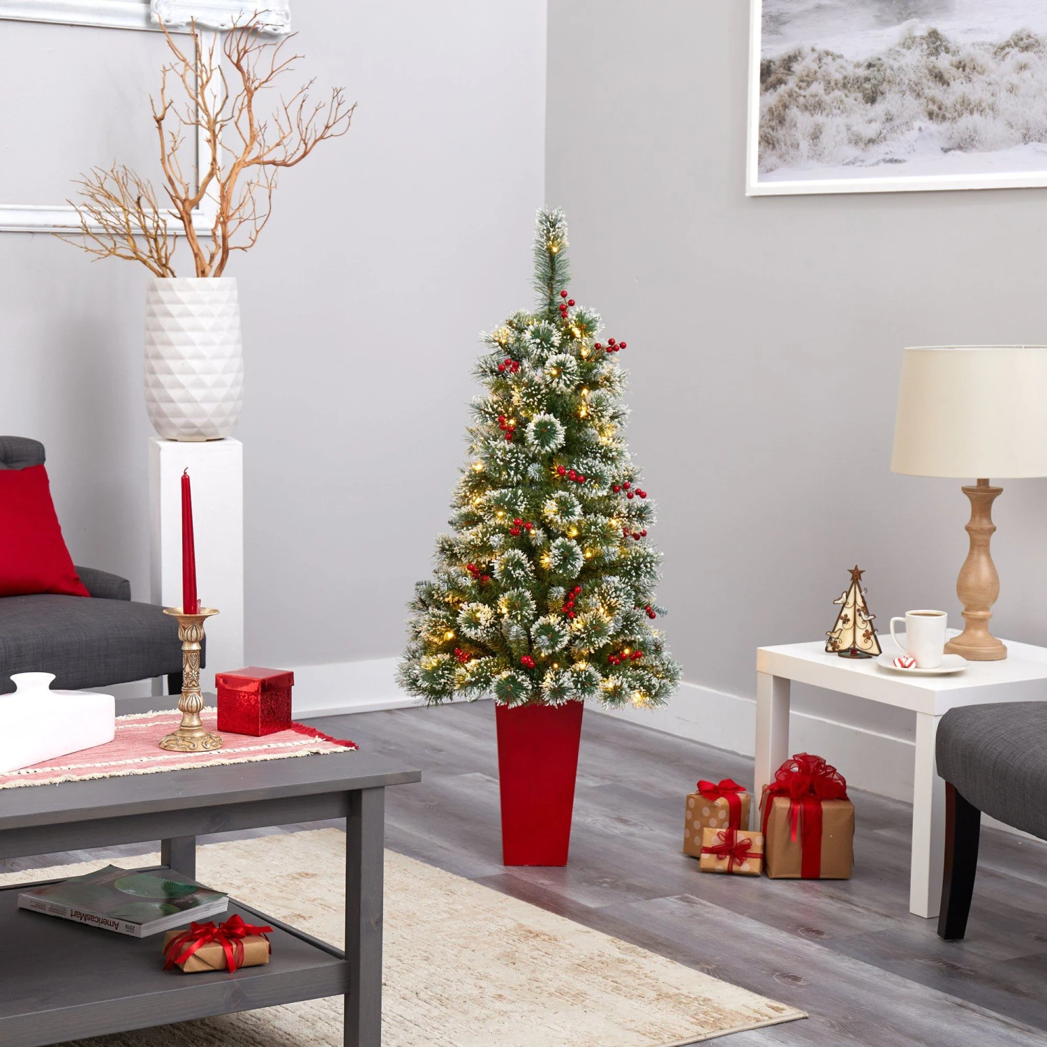 52” Frosted Swiss Pine Artificial Christmas Tree With 100 Clear LED Lights And Berries In Red Tower Planter 8 52” Frosted Swiss Pine Artificial Christmas Tree With 100 Clear LED Lights And Berries In Red Tower Planter - Image 8