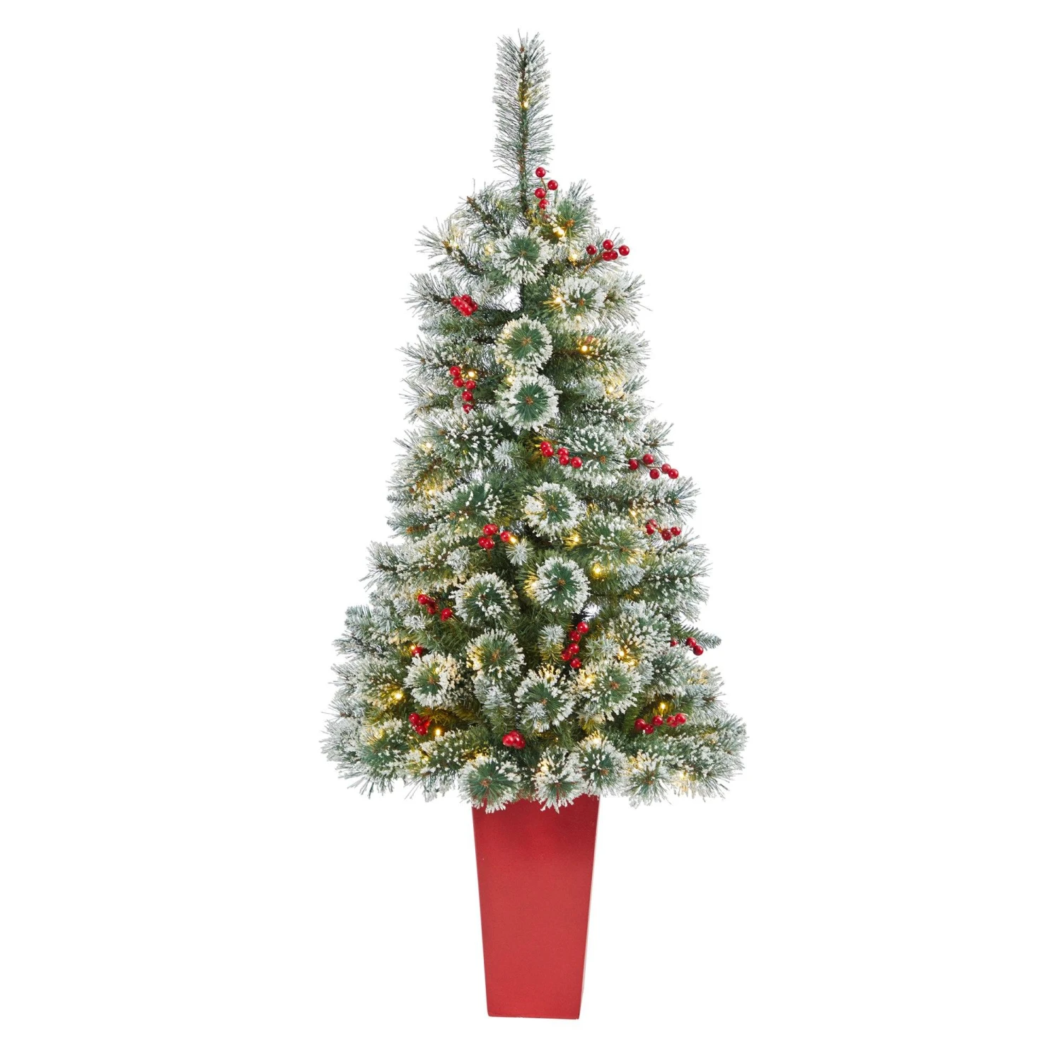 52” Frosted Swiss Pine Artificial Christmas Tree With 100 Clear LED Lights And Berries In Red Tower Planter 1 52” Frosted Swiss Pine Artificial Christmas Tree With 100 Clear LED Lights And Berries In Red Tower Planter