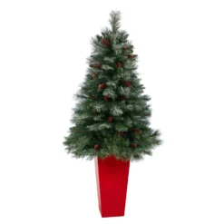 55” Snowed French Alps Mountain Pine Artificial Christmas Tree With 237 Bendable Branches And Pine Cones In Red Tower Planter