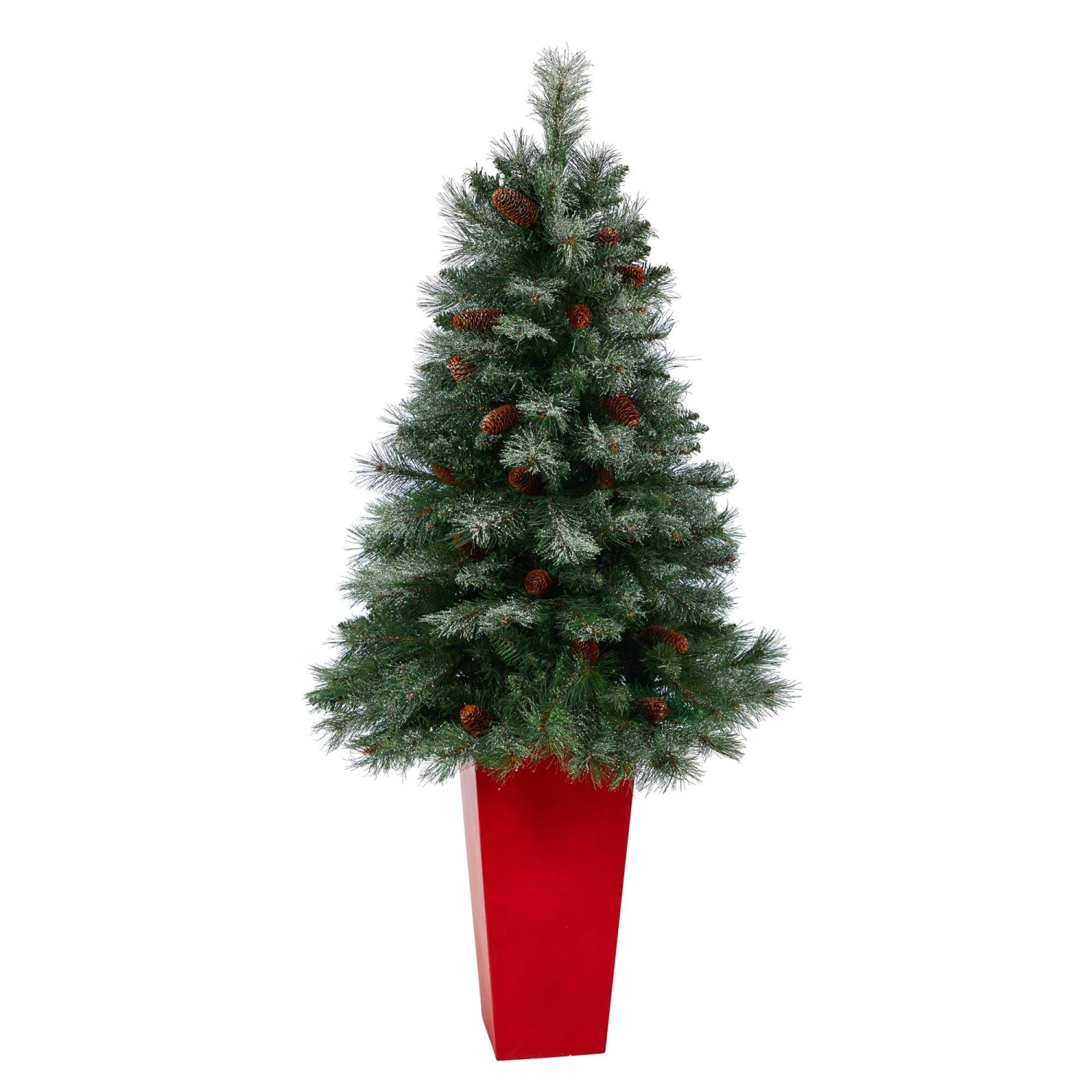 55” Snowed French Alps Mountain Pine Artificial Christmas Tree With 237 Bendable Branches And Pine Cones In Red Tower Planter 1 55” Snowed French Alps Mountain Pine Artificial Christmas Tree With 237 Bendable Branches And Pine Cones In Red Tower Planter