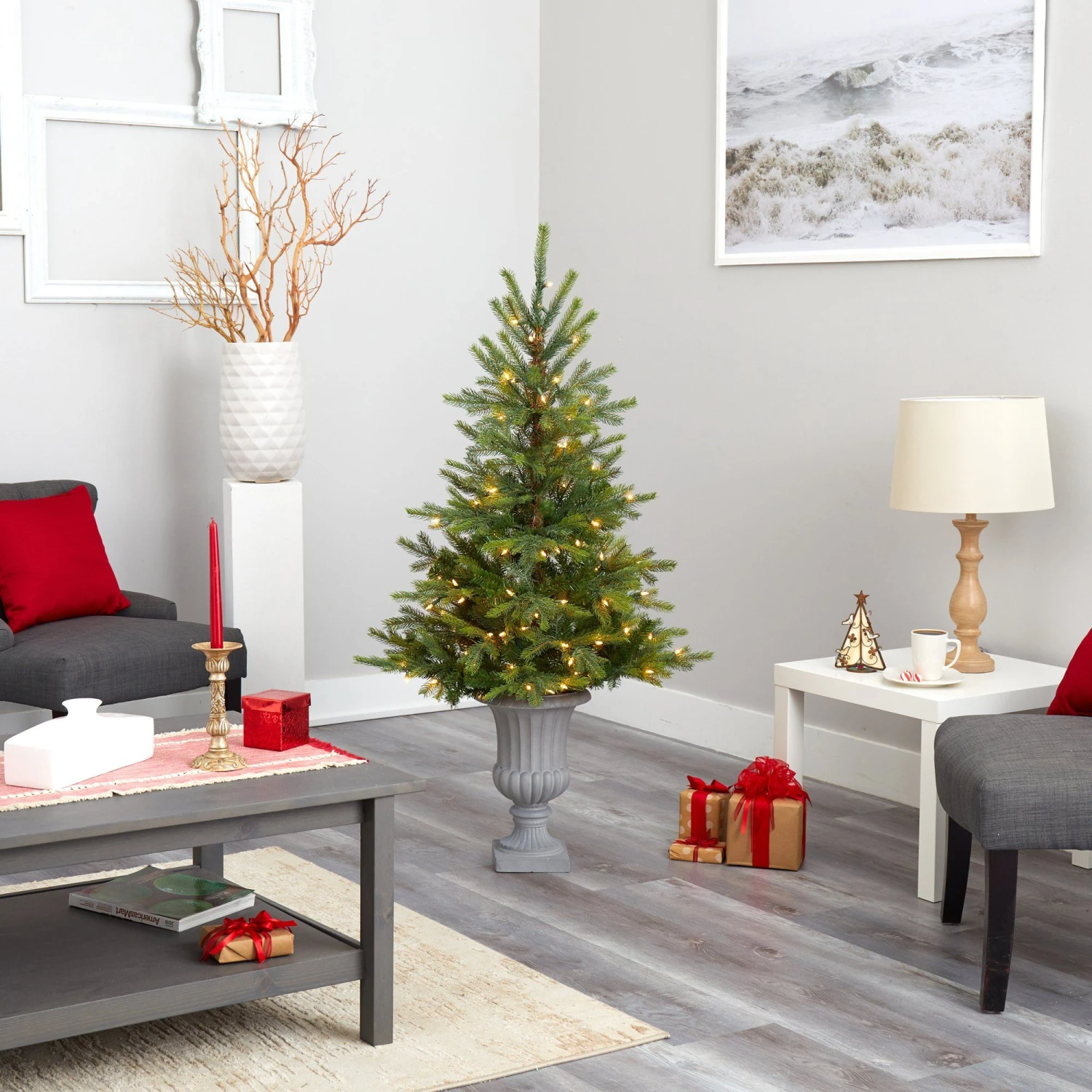 56” North Carolina Spruce Artificial Christmas Tree With 100 Clear Lights And 207 Bendable Branches In Decorative Urn 8 56” North Carolina Spruce Artificial Christmas Tree With 100 Clear Lights And 207 Bendable Branches In Decorative Urn - Image 8