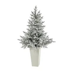 57” Flocked Fraser Fir Artificial Christmas Tree With 300 Warm White Lights And 967 Bendable Branches In Tower Planter