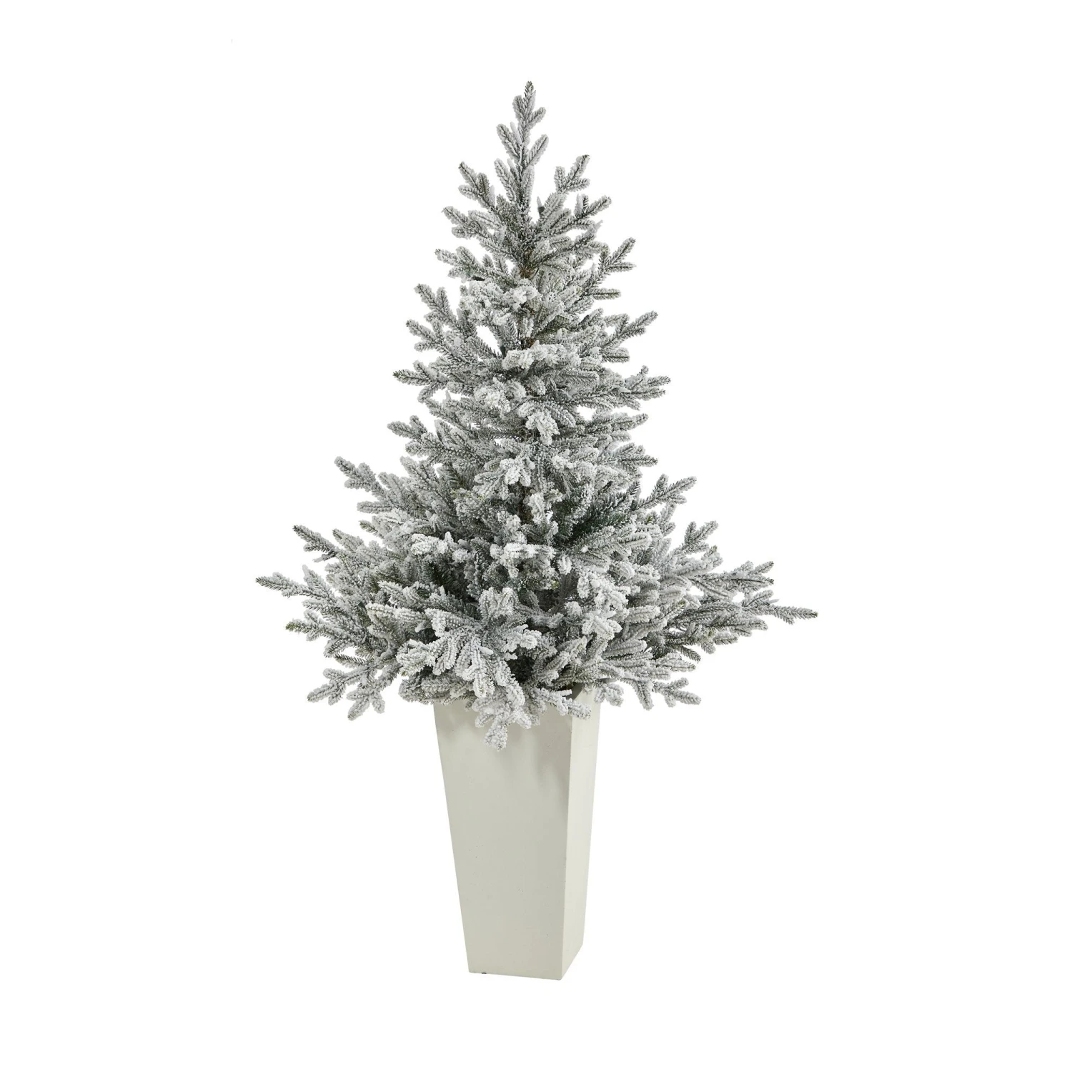 57” Flocked Fraser Fir Artificial Christmas Tree With 300 Warm White Lights And 967 Bendable Branches In Tower Planter 1 57” Flocked Fraser Fir Artificial Christmas Tree With 300 Warm White Lights And 967 Bendable Branches In Tower Planter