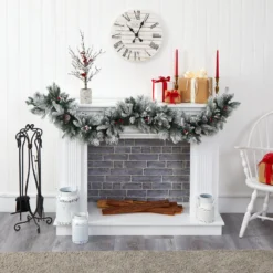 6’ Flocked Mixed Pine Artificial Christmas Garland With 50 LED Lights, Pine Cones And Berries -Cheap Artificial Trees Store artificial 6 flocked mixed pine artificial christmas garland with 50 led lights pine cones and berries nearly natural 213261