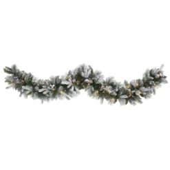 6’ Flocked Mixed Pine Artificial Christmas Garland With 50 LED Lights, Pine Cones And Berries