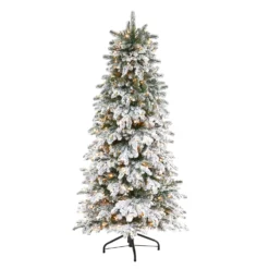 6’ Flocked North Carolina Fir Artificial Christmas Tree With 450 Warm White Lights And 1560 Bendable Branches