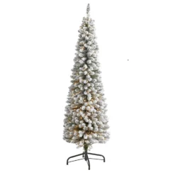 6’ Flocked Pencil Artificial Christmas Tree With 300 Clear Lights And 438 Bendable Branches