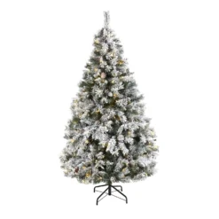 6' Flocked White River Mountain Pine Artificial Christmas Tree With Pinecones And 250 Clear LED Lights