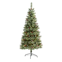 6’ Frosted Swiss Pine Artificial Christmas Tree With 300 Clear LED Lights And Berries