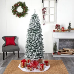 6’ Slim Flocked Montreal Fir Artificial Christmas Tree With 250 White LED Lights And 743 Branches -Cheap Artificial Trees Store artificial 6 slim flocked montreal fir artificial christmas tree with 250 white led lights and 743 branches nearly natural 411927