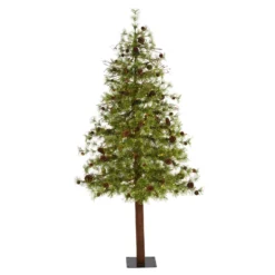 6' Wyoming Alpine Artificial Christmas Tree With 150 Clear (multifunction) LED Lights And Pine Cones On Natural Trunk