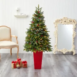 62” Snow Tipped Portland Spruce Artificial Christmas Tree With Frosted Berries And Pinecones With 100 Clear LED Lights In Red Tower Planter 14 62” Snow Tipped Portland Spruce Artificial Christmas Tree With Frosted Berries And Pinecones With 100 Clear LED Lights In Red Tower Planter -Cheap Artificial Trees Store artificial 62 snow tipped portland spruce artificial christmas tree with frosted berries and pinecones with 100 clear led lights in red tower planter nearly natural 518467