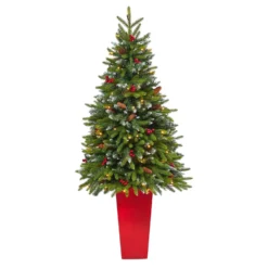 62” Snow Tipped Portland Spruce Artificial Christmas Tree With Frosted Berries And Pinecones With 100 Clear LED Lights In Red Tower Planter