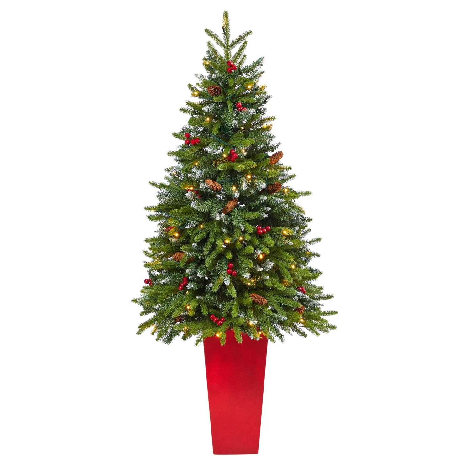 62” Snow Tipped Portland Spruce Artificial Christmas Tree With Frosted Berries And Pinecones With 100 Clear LED Lights In Red Tower Planter 1 62” Snow Tipped Portland Spruce Artificial Christmas Tree With Frosted Berries And Pinecones With 100 Clear LED Lights In Red Tower Planter