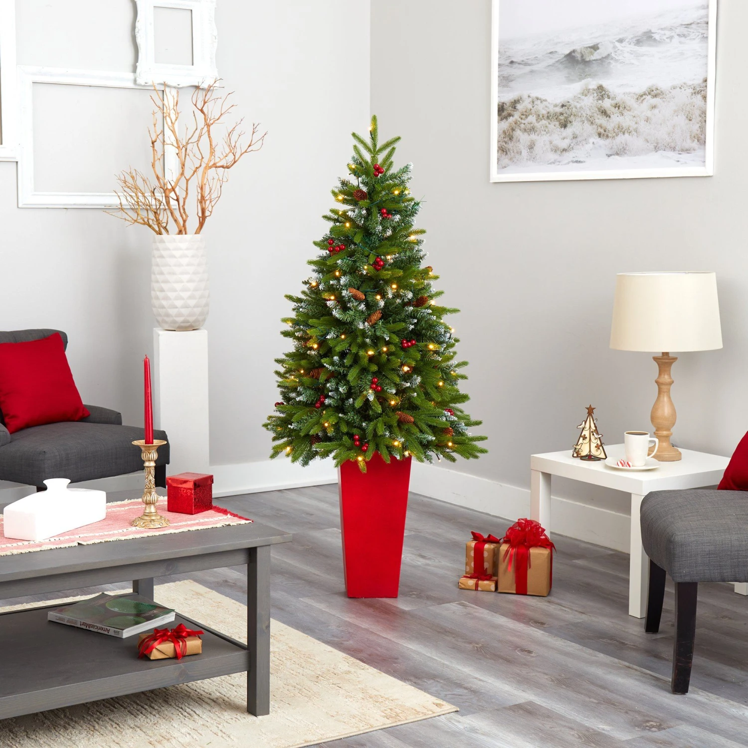 62” Snow Tipped Portland Spruce Artificial Christmas Tree With Frosted Berries And Pinecones With 100 Clear LED Lights In Red Tower Planter 8 62” Snow Tipped Portland Spruce Artificial Christmas Tree With Frosted Berries And Pinecones With 100 Clear LED Lights In Red Tower Planter - Image 8