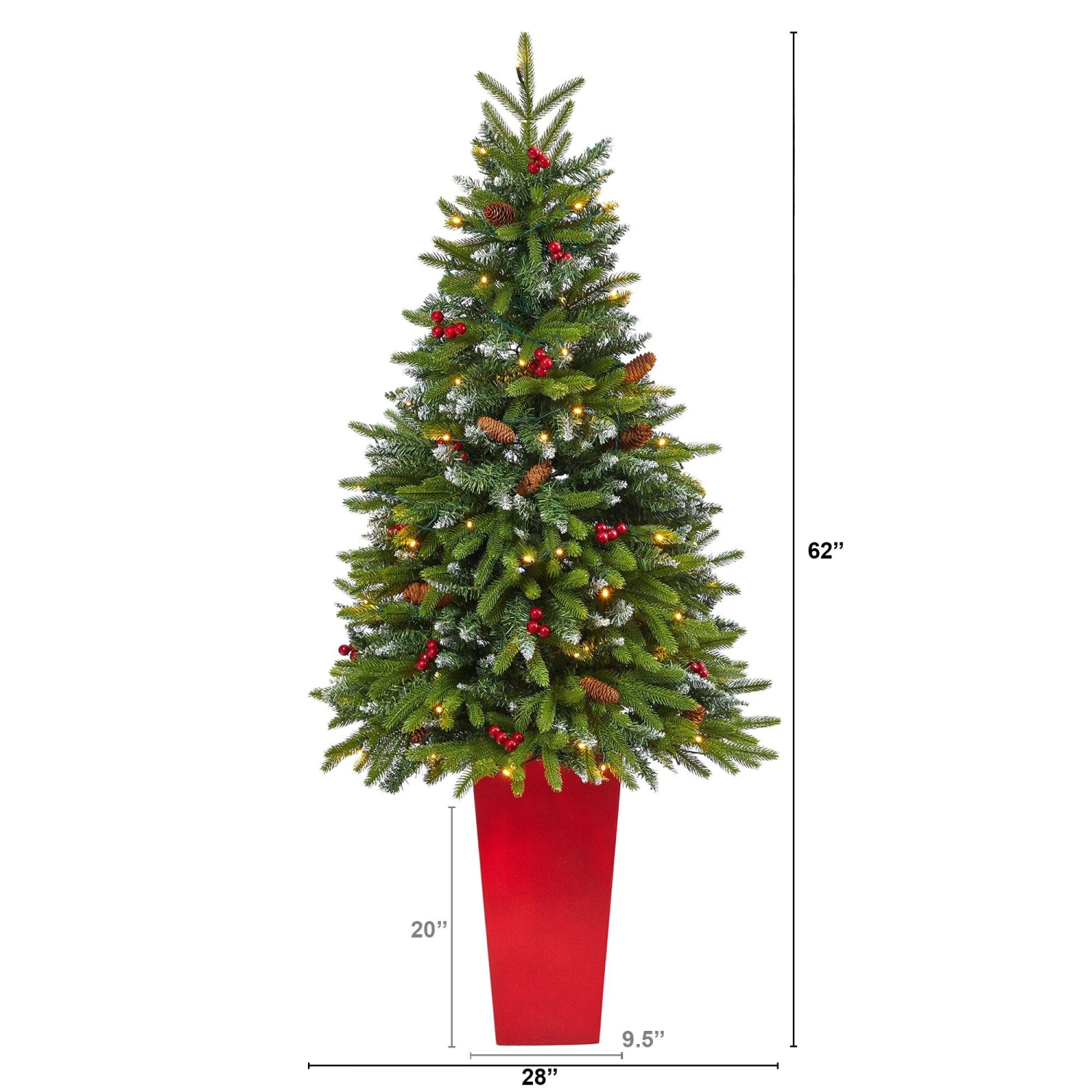 62” Snow Tipped Portland Spruce Artificial Christmas Tree With Frosted Berries And Pinecones With 100 Clear LED Lights In Red Tower Planter 2 62” Snow Tipped Portland Spruce Artificial Christmas Tree With Frosted Berries And Pinecones With 100 Clear LED Lights In Red Tower Planter - Image 2