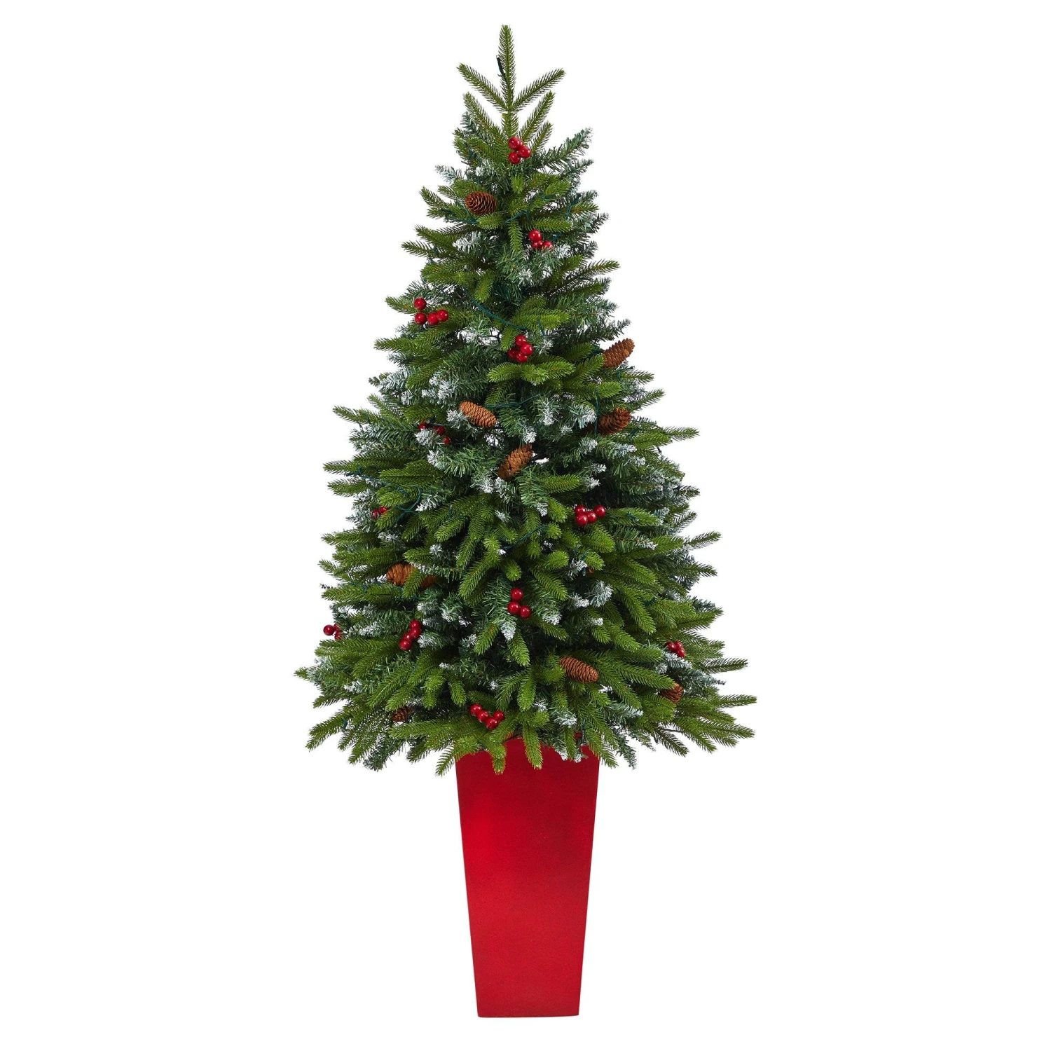 62” Snow Tipped Portland Spruce Artificial Christmas Tree With Frosted Berries And Pinecones With 100 Clear LED Lights In Red Tower Planter 3 62” Snow Tipped Portland Spruce Artificial Christmas Tree With Frosted Berries And Pinecones With 100 Clear LED Lights In Red Tower Planter - Image 3
