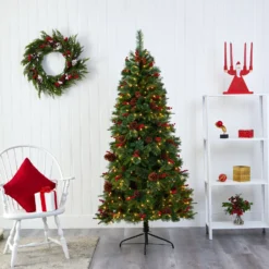 6.5’ Norway Mixed Pine Artificial Christmas Tree With 350 Clear LED Lights, Pine Cones And Berries -Cheap Artificial Trees Store artificial 65 norway mixed pine artificial christmas tree with 350 clear led lights pine cones and berries nearly natural 369677