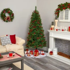 6.5’ Norway Mixed Pine Artificial Christmas Tree With 350 Clear LED Lights, Pine Cones And Berries -Cheap Artificial Trees Store artificial 65 norway mixed pine artificial christmas tree with 350 clear led lights pine cones and berries nearly natural 850985