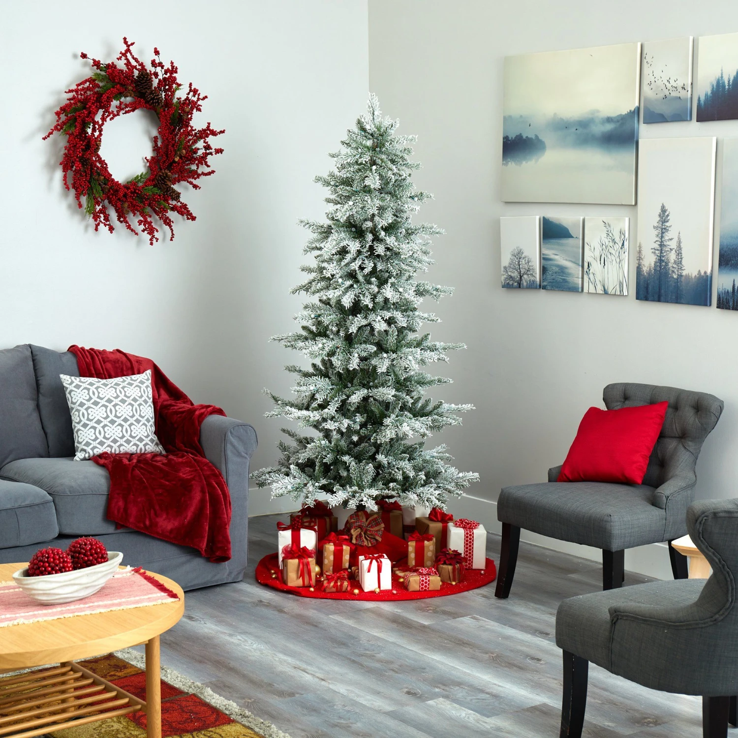 6.5’ Slim Flocked Nova Scotia Spruce Artificial Christmas Tree With 300 Warm White LED Lights And 699 Bendable Branches 7 6.5’ Slim Flocked Nova Scotia Spruce Artificial Christmas Tree With 300 Warm White LED Lights And 699 Bendable Branches - Image 7