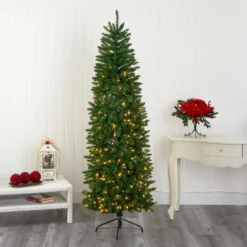 6.5’ Slim Green Mountain Pine Artificial Christmas Tree With 300 Clear LED Lights -Cheap Artificial Trees Store artificial 65 slim green mountain pine artificial christmas tree with 300 clear led lights nearly natural 503618