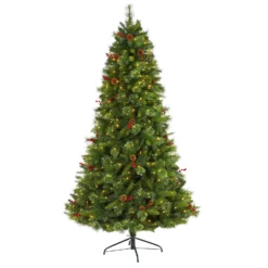 7’ Aberdeen Spruce Artificial Christmas Tree With 500 Clear LED Lights, Pine Cones And Red Berries