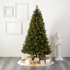 7’ Aberdeen Spruce Artificial Christmas Tree With 500 Clear LED Lights, Pine Cones And Red Berries -Cheap Artificial Trees Store artificial 7 aberdeen spruce artificial christmas tree with 500 clear led lights pine cones and red berries nearly natural 820515