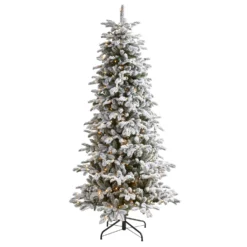 7’ Flocked North Carolina Fir Artificial Christmas Tree With 550 Warm White Lights And 2090 Bendable Branches