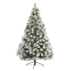 7’ Flocked Oregon Pine Artificial Christmas Tree With 400 Clear Lights And 834 Bendable Branches