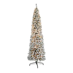 7’ Flocked Pencil Artificial Christmas Tree With 400 Clear Lights And 574 Bendable Branches