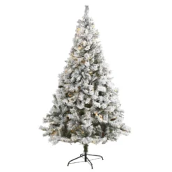 7' Flocked White River Mountain Pine Artificial Christmas Tree With Pinecones And 350 LED Lights