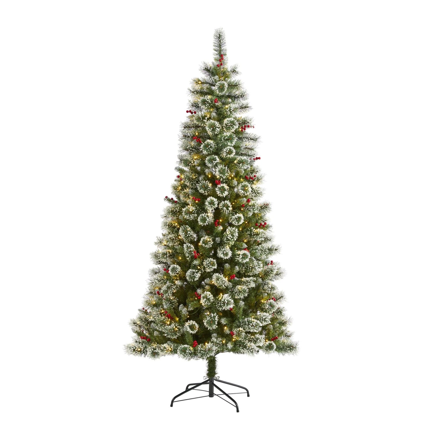 7’ Frosted Swiss Pine Artificial Christmas Tree With 400 Clear LED Lights And Berries 1 7’ Frosted Swiss Pine Artificial Christmas Tree With 400 Clear LED Lights And Berries