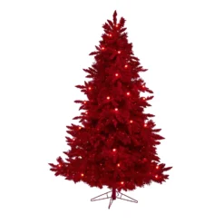 7' Red Flocked Fraser Fir Artificial Christmas Tree With 500 Red Lights, 40 Globe Bulbs And 1039 Bendable Branches