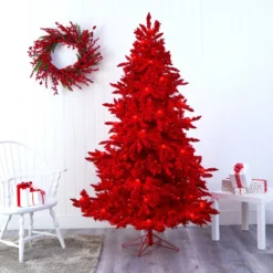 7' Red Flocked Fraser Fir Artificial Christmas Tree With 500 Red Lights, 40 Globe Bulbs And 1039 Bendable Branches -Cheap Artificial Trees Store artificial 7 red flocked fraser fir artificial christmas tree with 500 red lights 40 globe bulbs and 1039 bendable branches nearly natural 352768